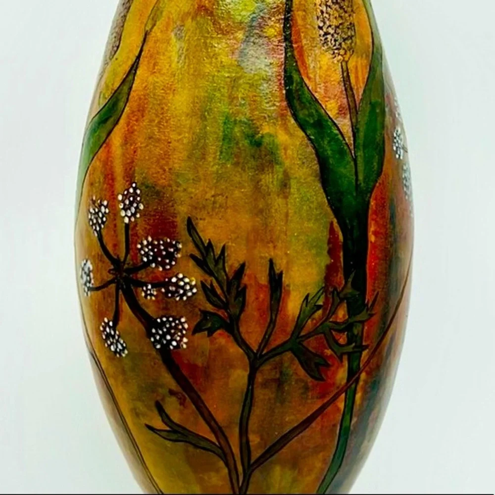 “ Hanging Cattails & Lace ” Original Gourd Art Vase / Vessel by Kristina Simkins - Picture 7 of 10
